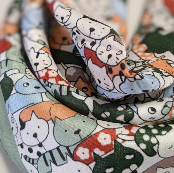Whimsical cats scarf, neckerchief, light green polyester, unisex - Picture 3 of 11
